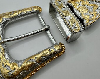 Vintage 3 Piece Western Belt Buckle Set - Roper Flower and  display picture 1