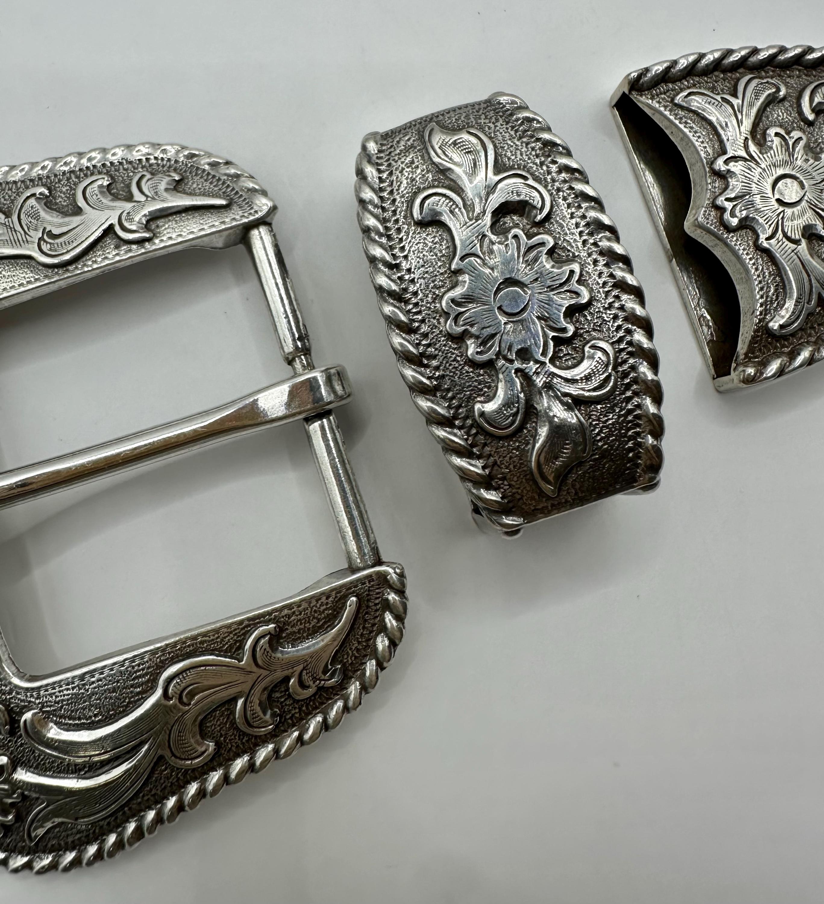 Classic Western 3 Piece Belt Buckle Set, Floral and Vine Design, Cowboy ...