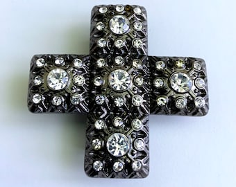 Vintage Bling Cross Plus Sign Belt Buckle with Large Rhinestones Textured Interchangeable Belt Buckle Dark Antique Nickel