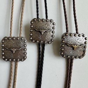 Silver Western Square Longhorn Steer Style Bolo Tie -  Handmade Necktie Accessories Cotton Necklace Unique Cowgirl Cowboy