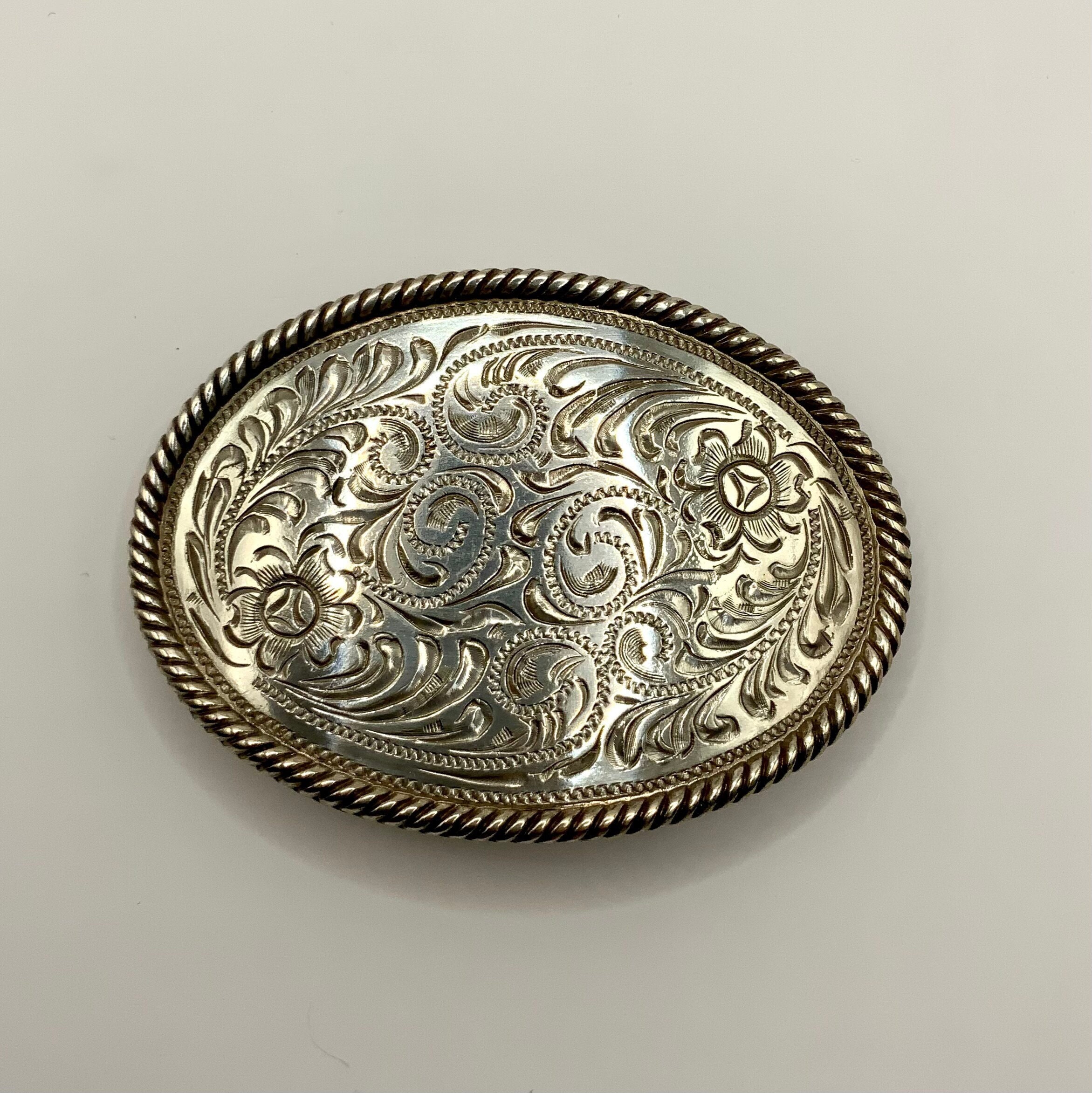 Vtg Silver Eagle & Flowers Oval Belt Buckle, Made In USA, NWOT Cowboy Cowgirl Engraved Floral Western Belt Buckle: Cowboy Cowgirl Rodeo  main image 3