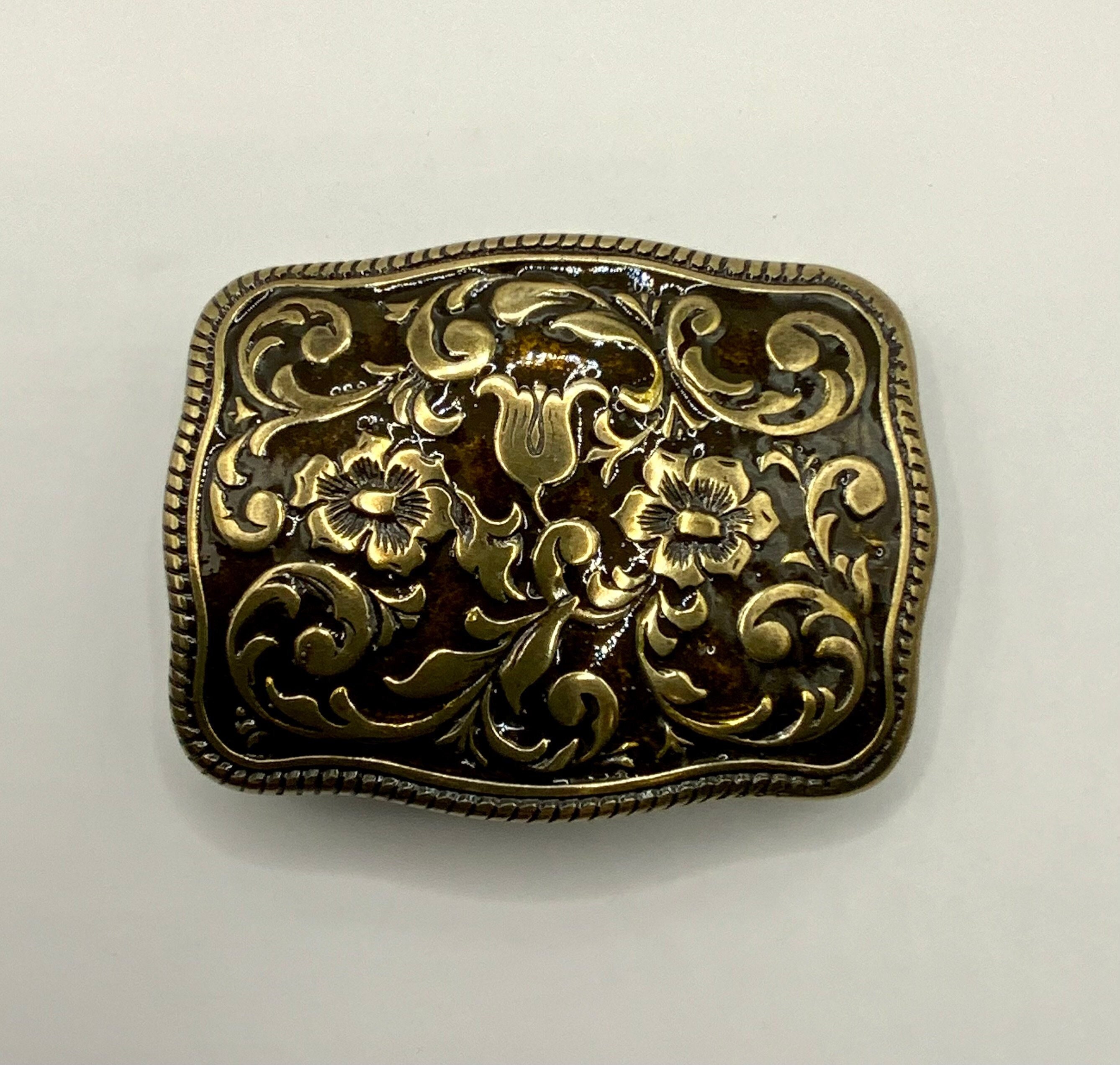 Vintage Solid Brass Western Saddle Belt Buckle Floral Engravings Rustic HORSE SADDLE WESTERN FLOWER FLORAL SCROLL BRASS TONED BELT  main image 4
