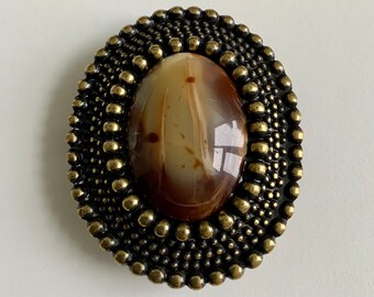 Vintage Beautiful Intricate Round Studded Belt Buckle with Large Oval Faux Gemstone Antique Brass