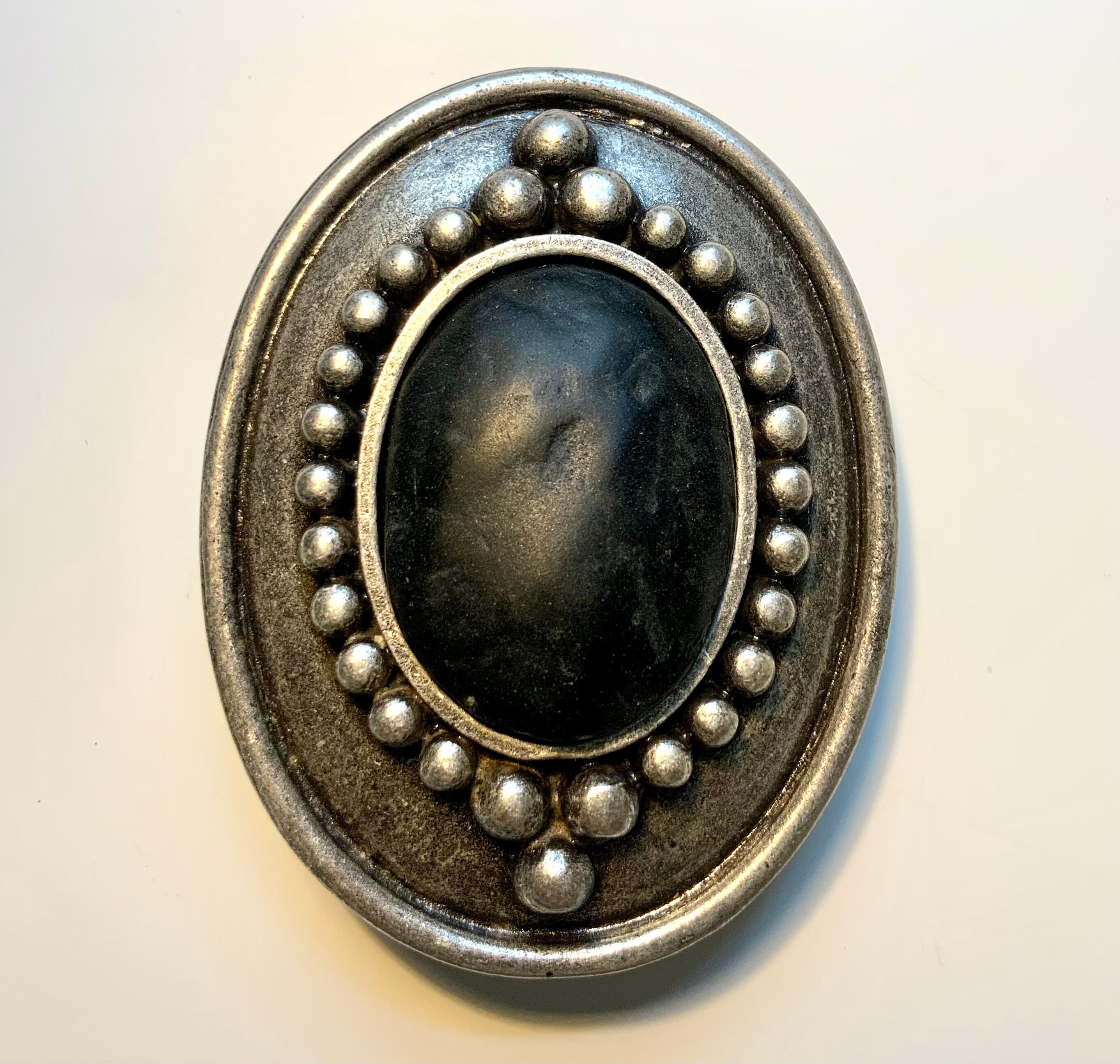 Vintage Belt Buckle Western Style Silver Ornate with Large Black Oval Stone Rhinestone Crystal Oval Belt Buckle Antique Silver Full  main image 3