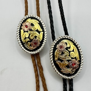 Gold and Brass Floral Western Bolo Tie, Rope Handmade Necktie Accessories Cotton Necklace Unique Cowgirl Cowboy Classic Traditional