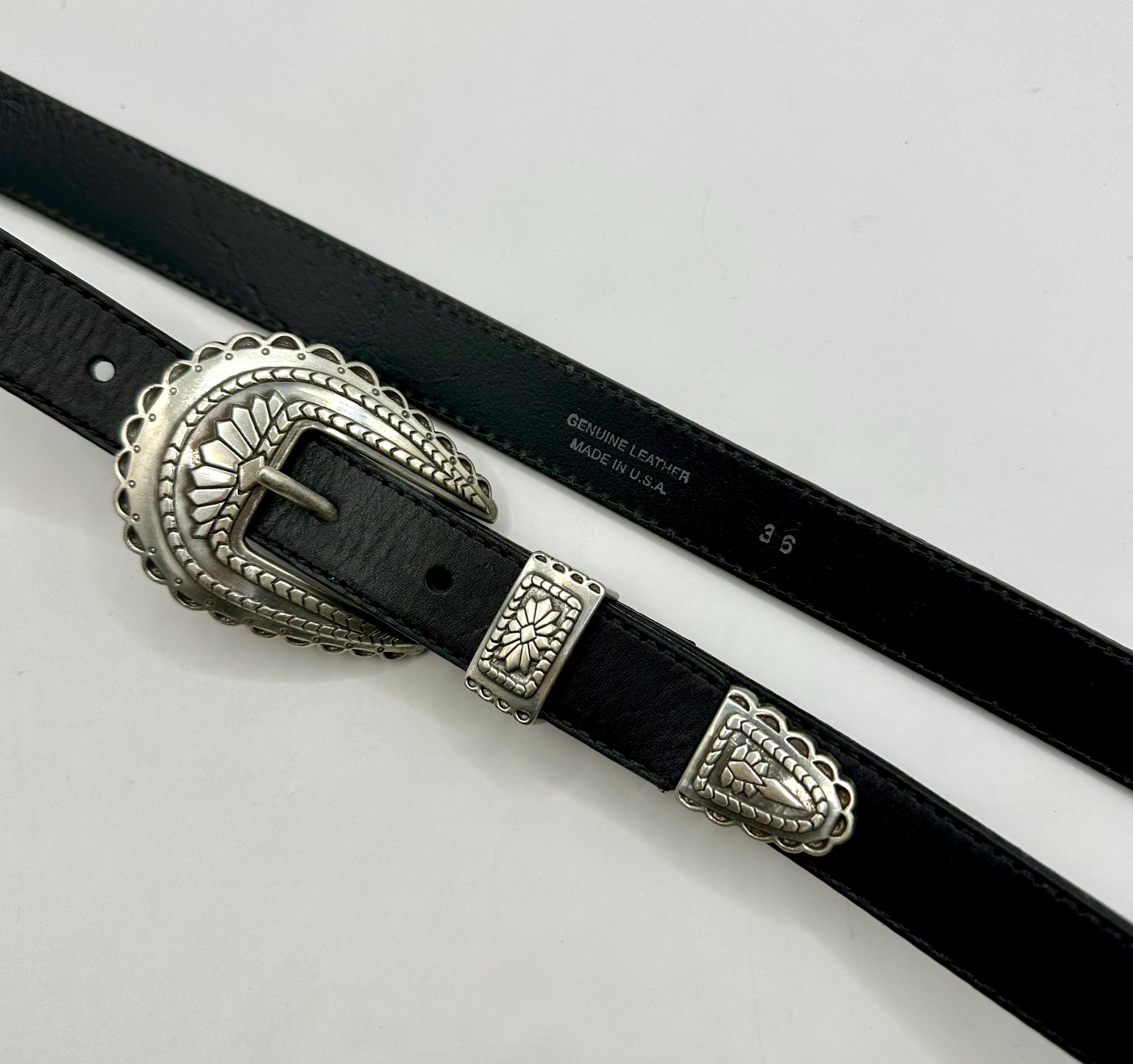 Another Line Vintage Black Leather Western Silver Buckle Skinny Belt Size 30 USA Vintage Western Black Silver Buckle Belt | Dolce Vita main image 3