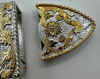 Vintage 3 Piece Western Belt Buckle Set - Roper Flower and  display picture 3