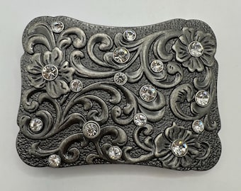 Hebilla de cinturón con diseño floral y enredadera, intercambiable, con placa estilo western, cristales grabados, níquel plateado antiguo, vaquera, vaquero