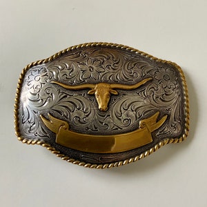 High Quality Western Longhorn Belt Buckle Floral Engravings Bull Head Rope Border Silver and Gold