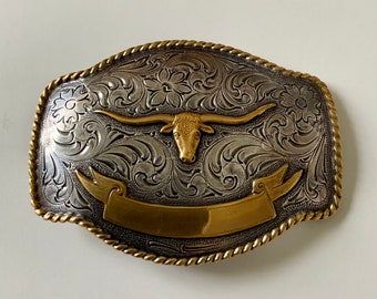 High Quality Western Longhorn Belt Buckle Floral Engravings Bull Head Rope Border Silver and Gold