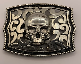 Einzigartiger Totenkopf-Skelett-Vintage-Gürtelschnalle, austauschbar, Seilrand, Ausschnitt, filigraner Hintergrund, schweres, in den USA hergestelltes Leder, Rock, antikes Nickel