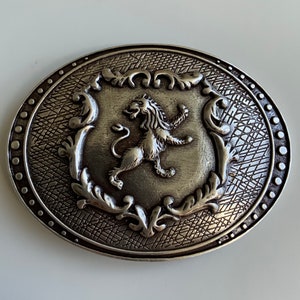 Lion Heraldry Courage Belt Buckle English Scottish Antique Nickel Plated Vintage Unique Rare