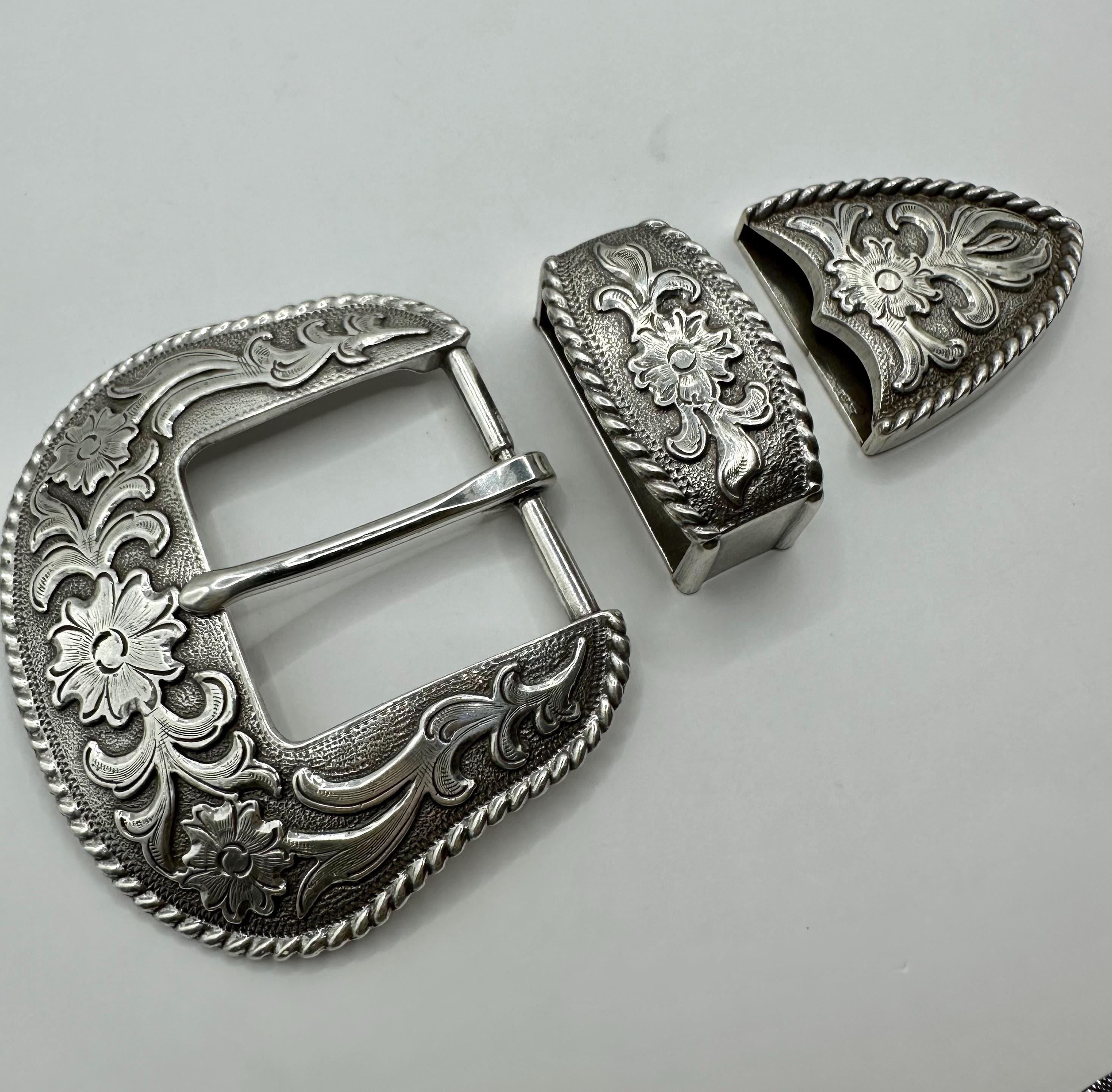 Classic Western 3 Piece Belt Buckle Set, Floral and Vine Design, Cowboy ...