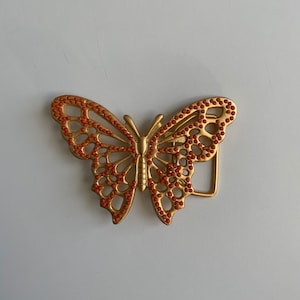 Butterfly Cutout Belt Buckle Matte Gold Plating with Hand placed Coral beads Rare Unique Vintage