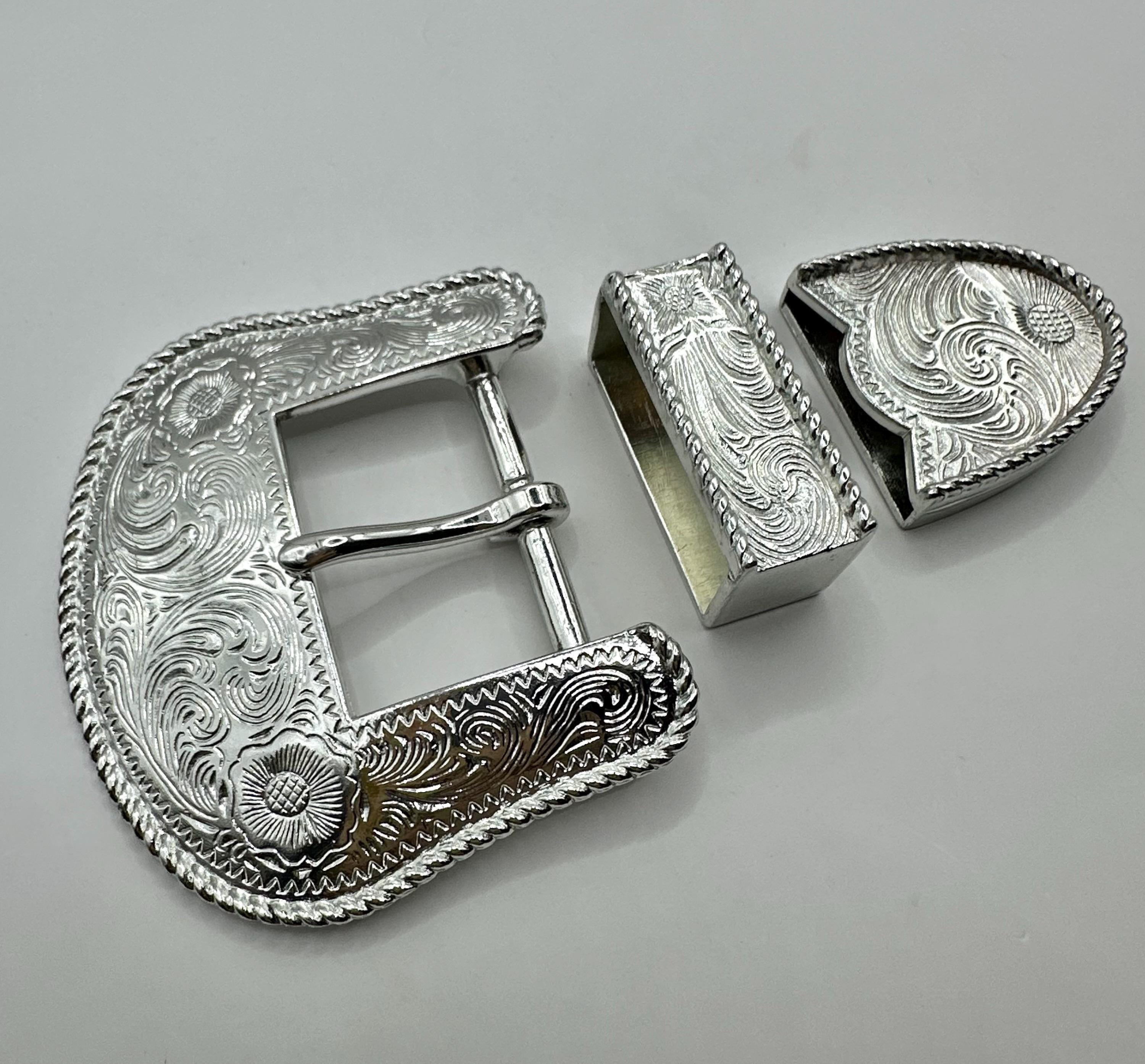 Vintage 3 Piece Western Belt Buckle Set - Floral Engraved 