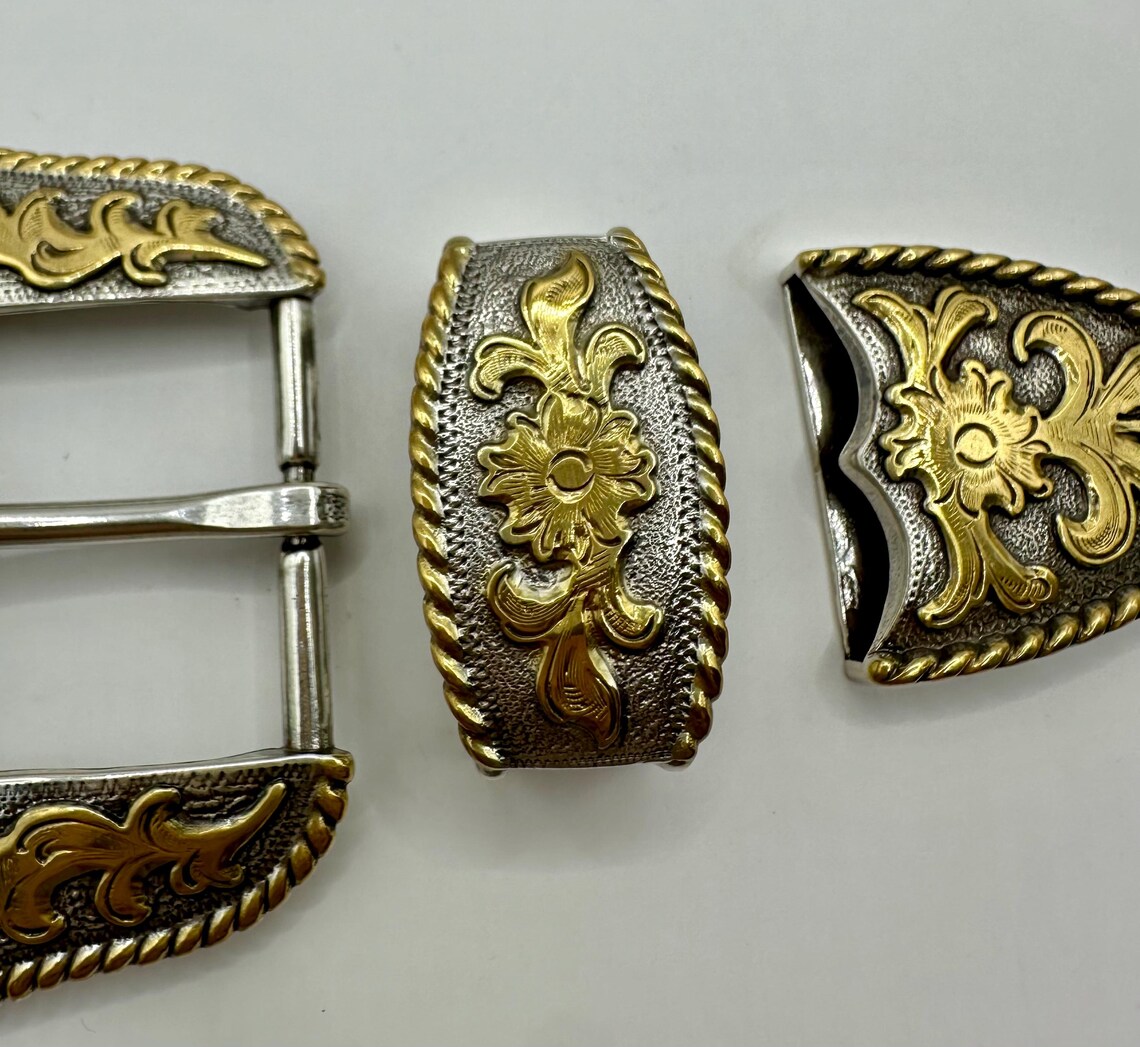 Classic Western 3 Piece Belt Buckle Set, Floral and Vine Design, Cowboy ...