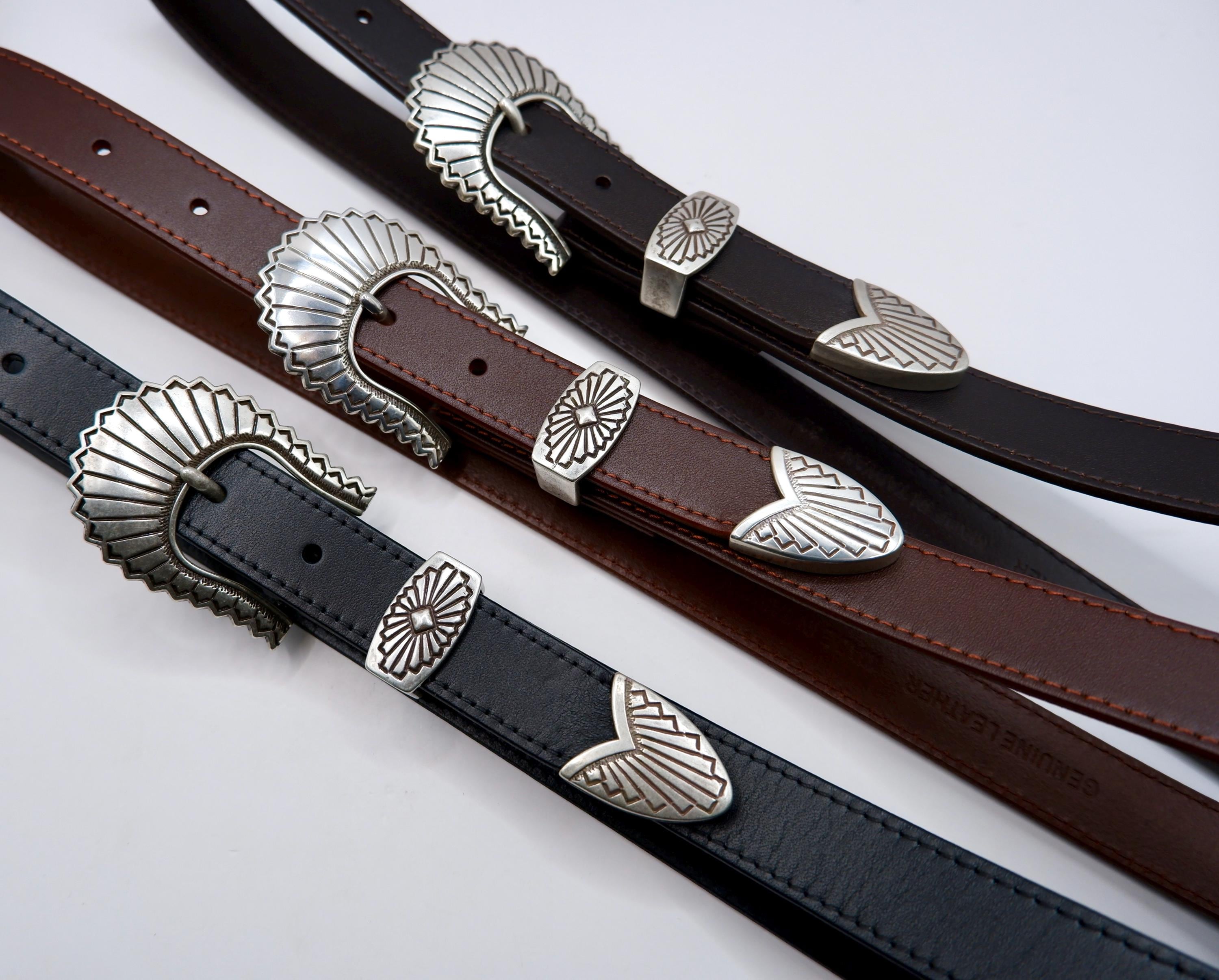 1 Inch 25 Mm Black Leather Skinny Belt, 3 Piece Western Buckle Set