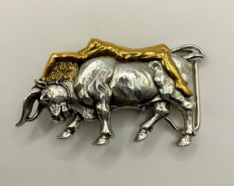 Set of 2 Large Silver-tone Bullhorn Steer Gun Rodeo Western Belt Buckles Two Toned Gold Silver Longhorn Steer Bull Western Belt  main image 3