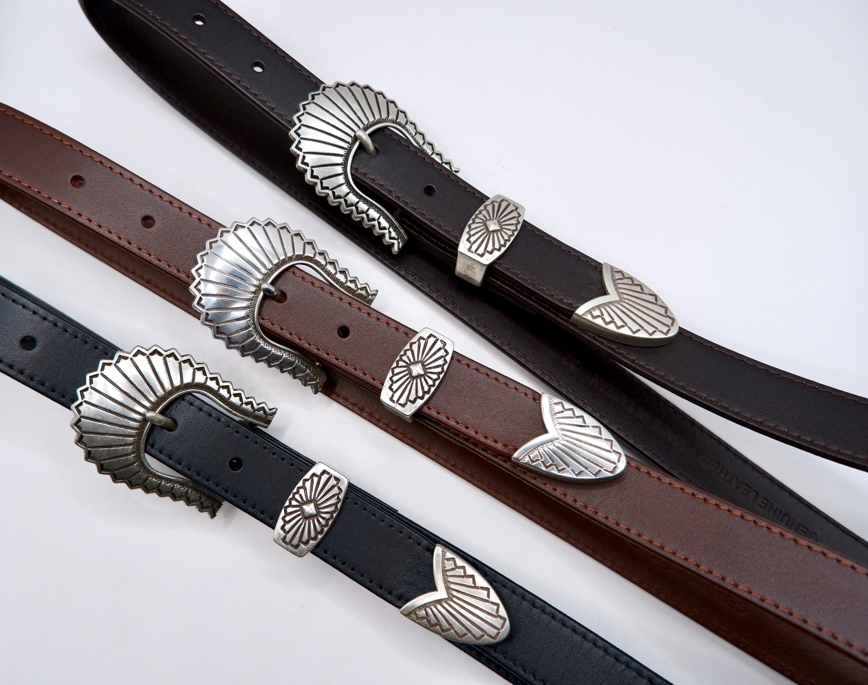 1 Inch 25 Mm Black Leather Skinny Belt, 3 Piece Western Buckle Set