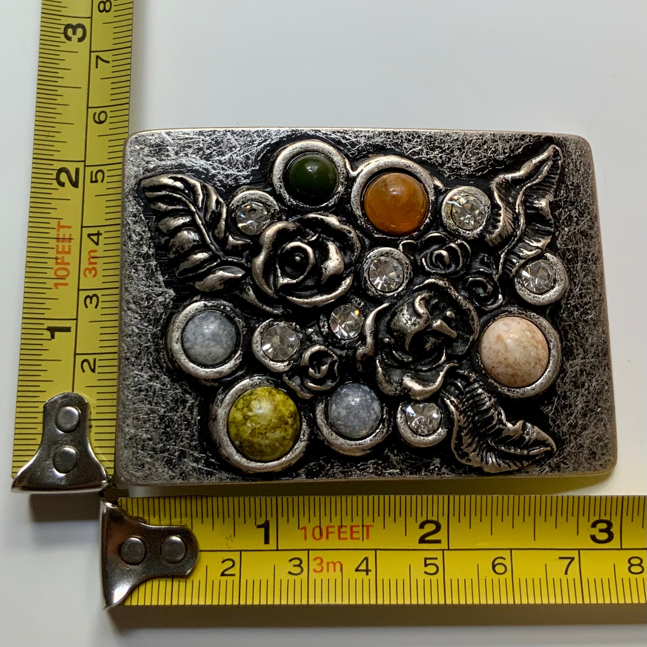 Floral Rectangle Early molded Plastic  Vintage Belt Buckle Rhinestone flowers Gorgeous Flower Shaped Figural Vintage Belt Buckle With  main image 3