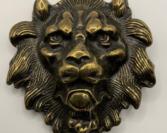 Large Heavy Vintage Lion Head Belt Buckle Italian Made High Quality Interchangeable Belt Buckle Antique Brass