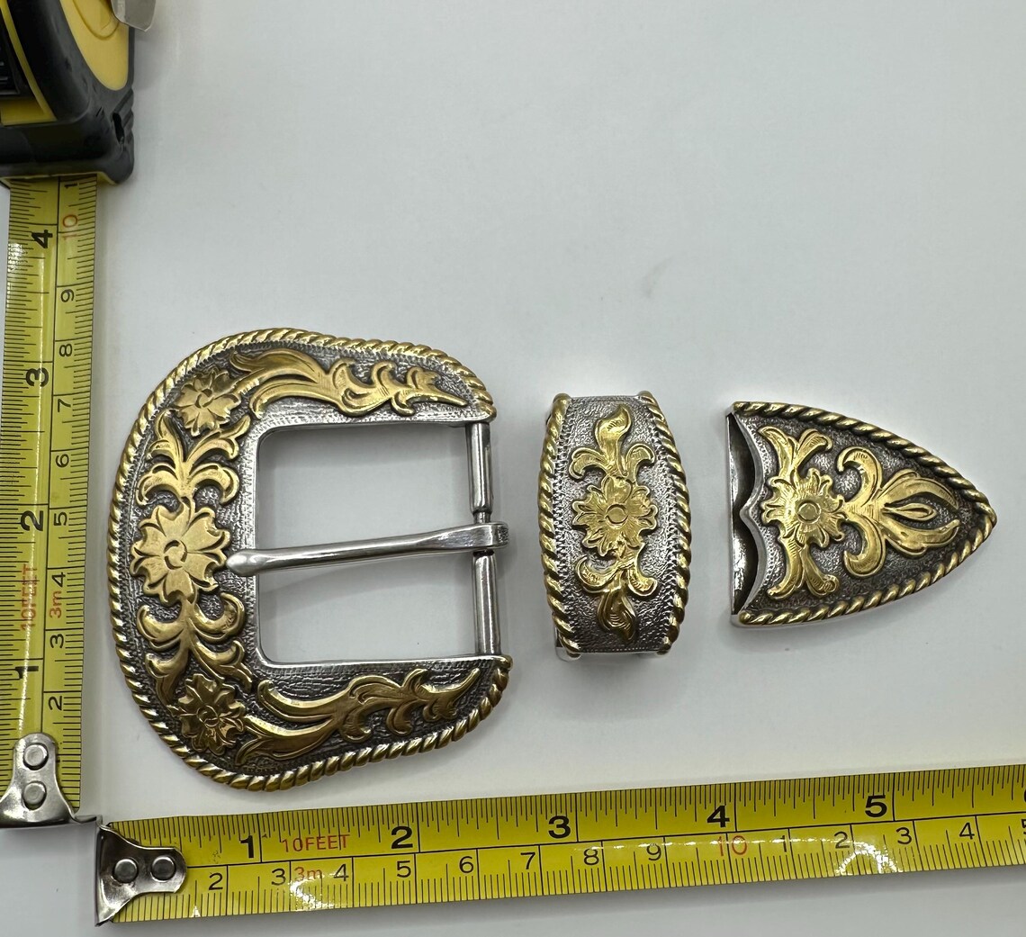 Classic Western 3 Piece Belt Buckle Set, Floral and Vine Design, Cowboy ...