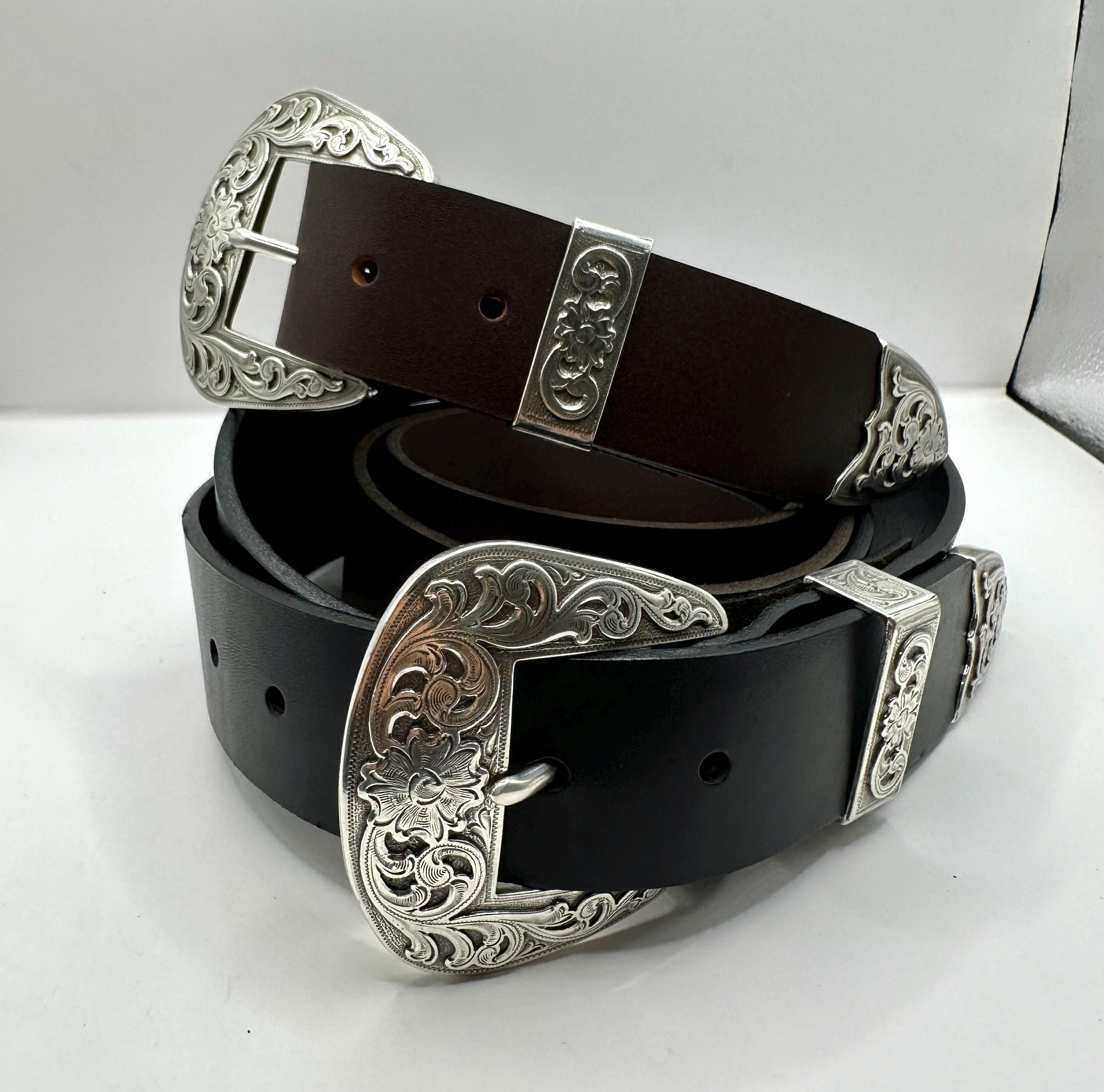 Vintage Womens Black Western Belt with Ornate Silver Plated Buckle Gorg! Sz.S/M Vintage Western Belt Classic 3 Piece Buckle Set Black or  main image 3