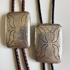 Bolo Tie Upcycled Repurposed Vintage Western Cowboy Belt Buckle Butterfly Engraving Necklace Cowboy Cowgirl Genuine Leather Bolo
