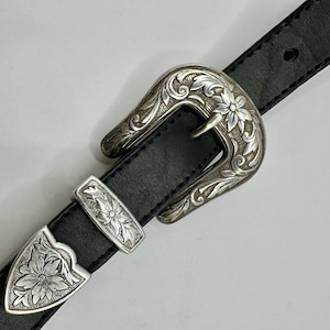 New Black Leather Western Belt With Bright Silver Metal 3