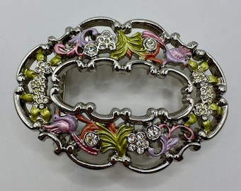 Vintage Belt Buckle, Rhinestones, Silver, Floral and Vine Cutout Design, Enamel Paint, Purple, Pink, Green, Interchangeable Belt Buckle