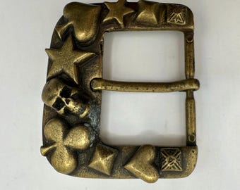 Y2k Vintage Gürtelschnalle, Mod Depose französisches Design, Eurometall, Endstange, austauschbar, Schädel, Poker, Joker, hohe Qualität, antikes Messing