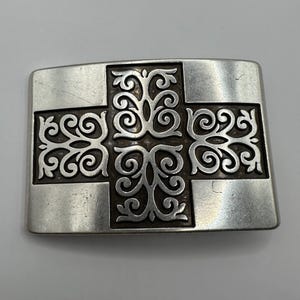 Unique Mens Cross Belt Buckle Vintage Interchangeable Filigreed Vine Rectangle Buckle Heavy Fashion Silver Plated, Rare