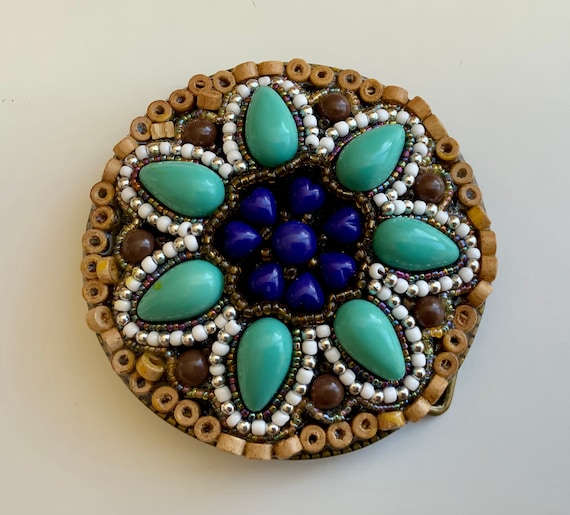 Hippie Bohemian Hand Beaded Flower Belt Buckle Brass. Blue 