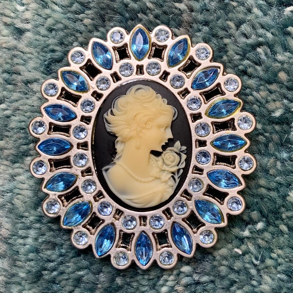 Stunning Vintage Cameo Belt Buckle Women with Rose Crystal Rhinestones Blue Womens Belt Buckle Nickel