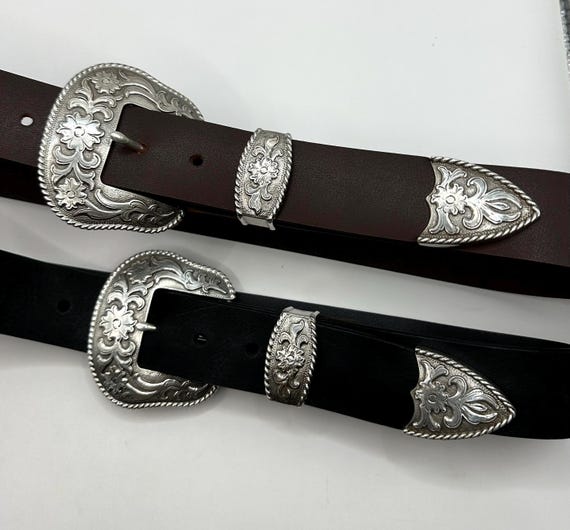 Western Belt, Classic 3 Piece Buckle Set, Black or Brown 1.5 