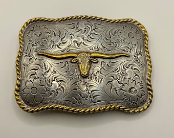 Vintage,Longhorn Steerhead Belt Buckle Western Cowboy Rodeo Silver and Gold