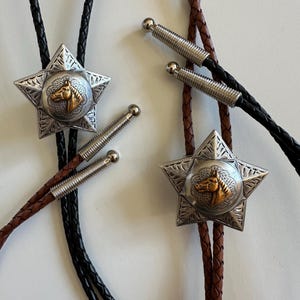 Antique Gold Silver Western Horse Head star Concho Style Bolo Tie - Real Leather Engraved Handmade Necktie Necklace Cowgirl Cowboy Unique
