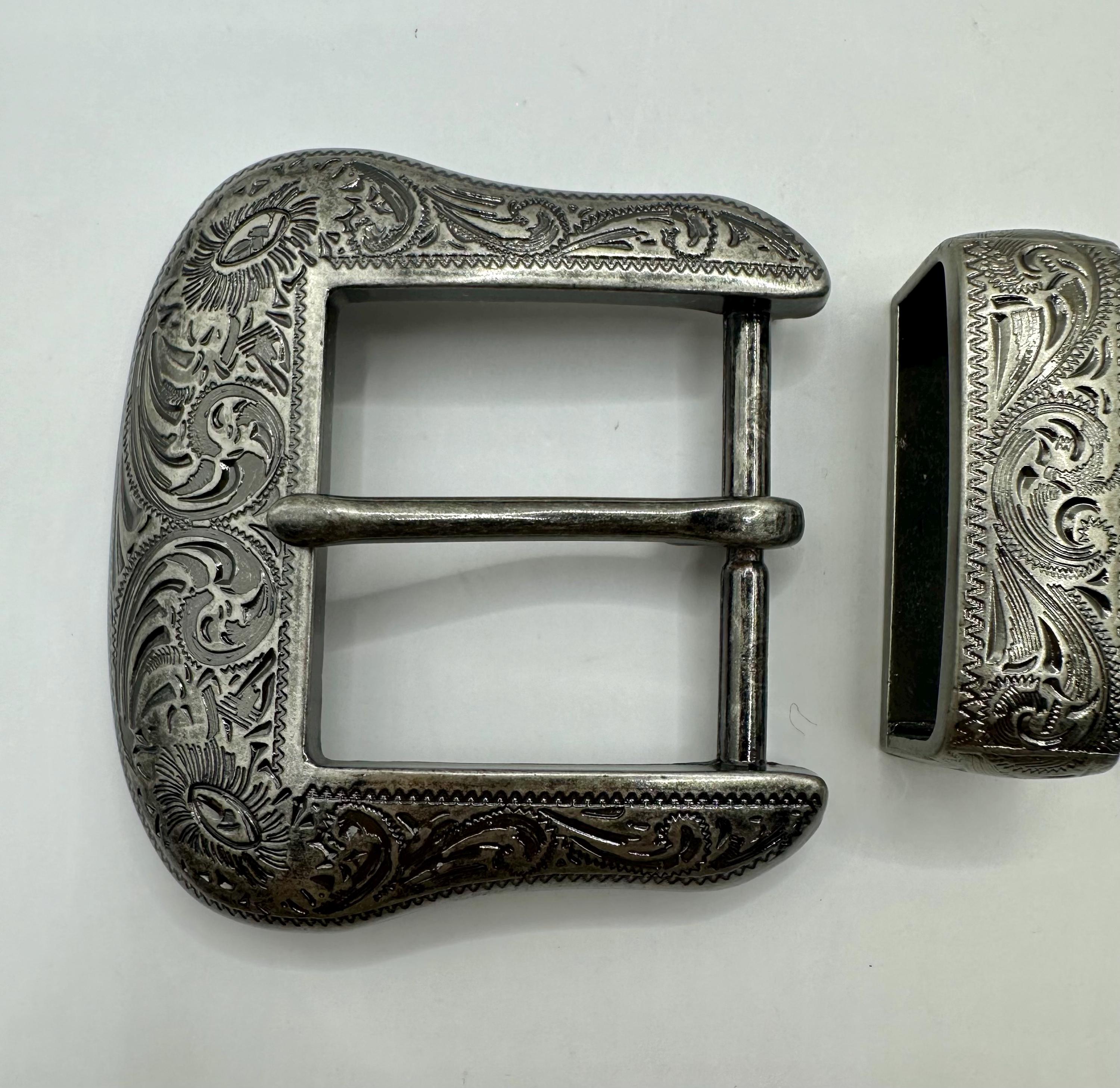 Western Belt Buckle Vintage 1994 Set 3 Piece Engraved Silver Scroll Floral Taiwan R.O.C. 1994 Western Floral Belt Buckle Vintage Metal  main image 3