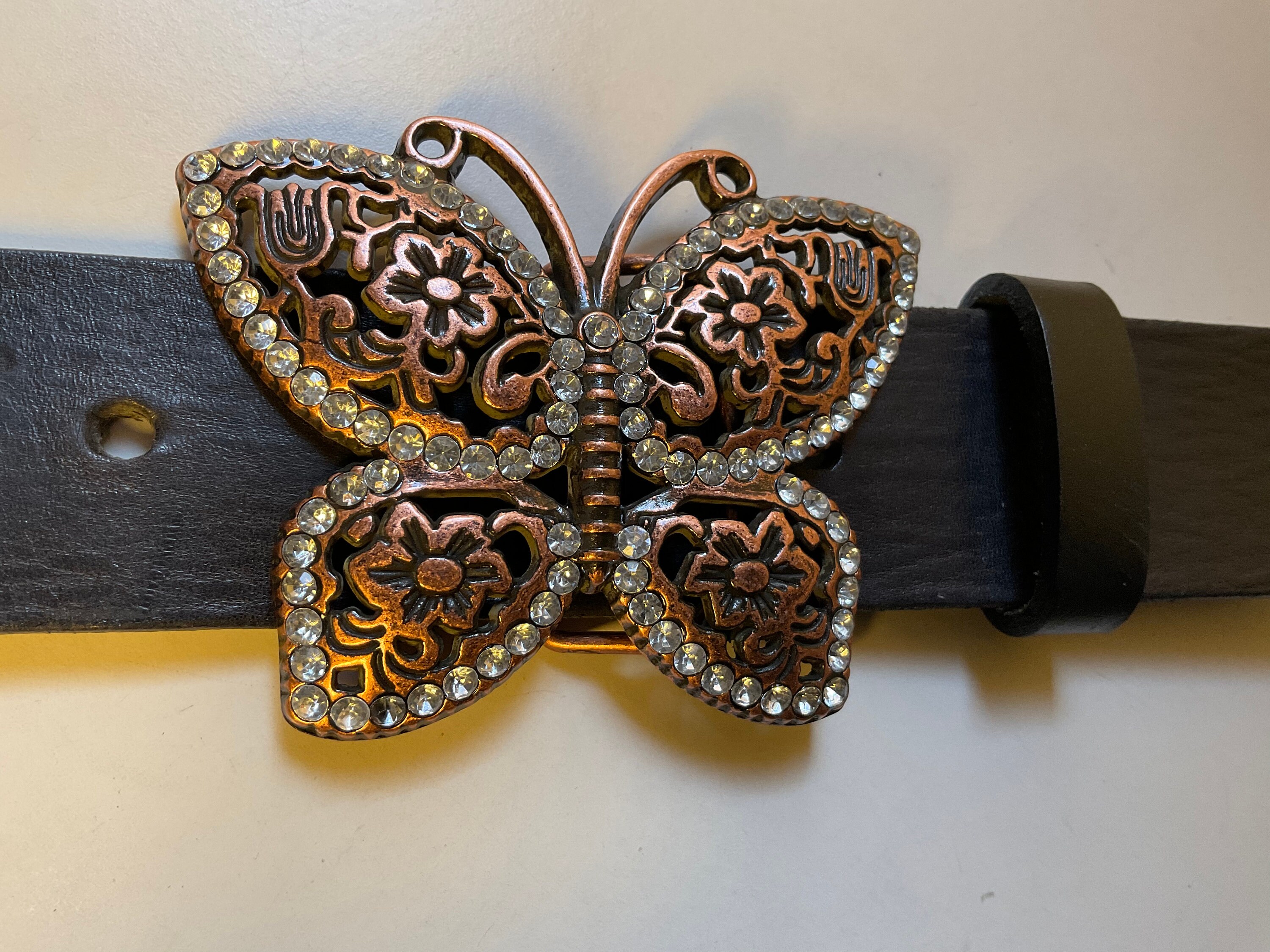 Vintage,copper Butterfly Belt Buckle W/ Filigreed Floral 