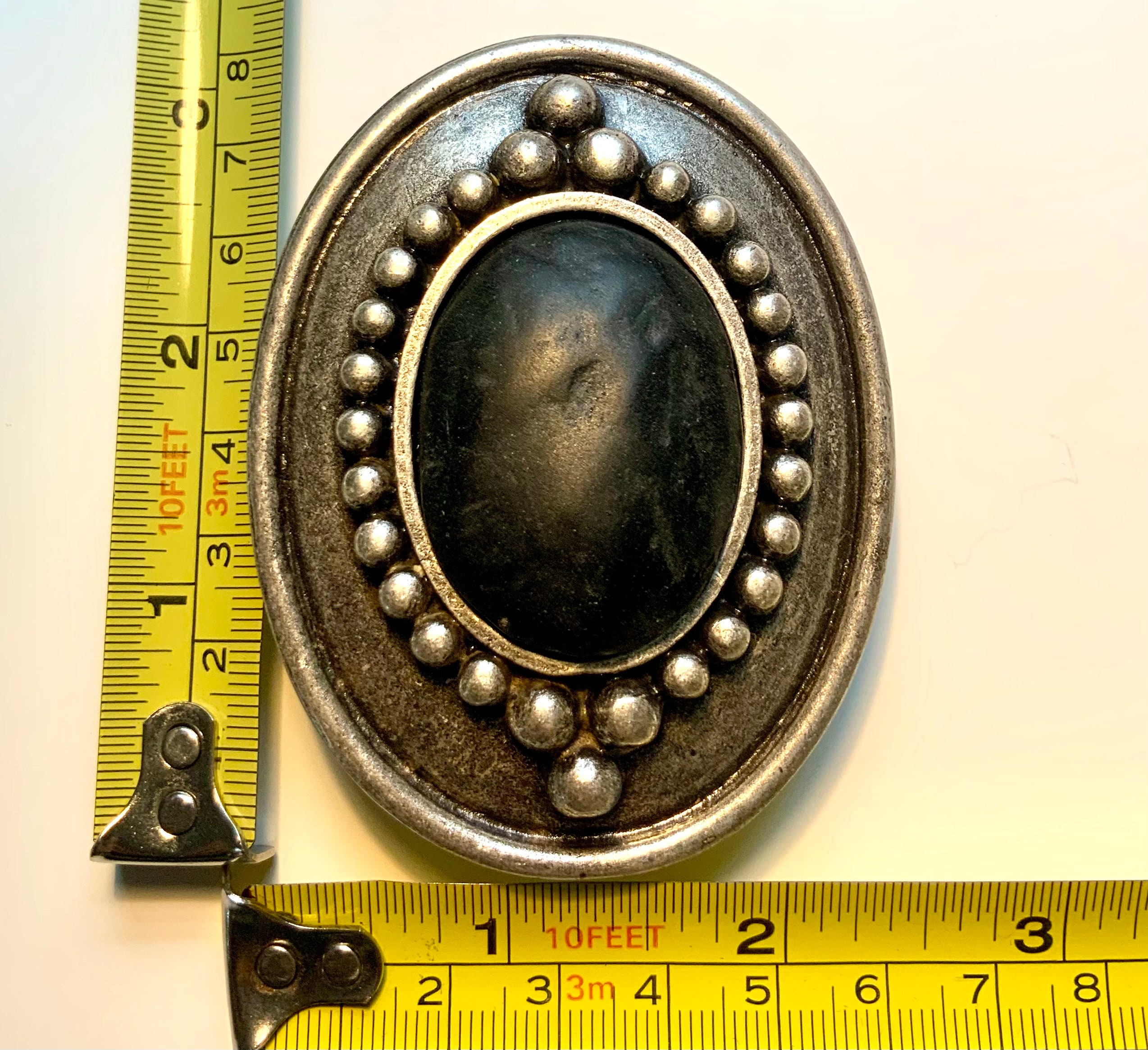 Vintage Belt Buckle Western Style Silver Ornate with Large Black Oval Stone Rhinestone Crystal Oval Belt Buckle Antique Silver Full  main image 2
