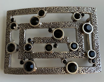 Maze Geometric Black Rhinestone Art Deco Distressed Antique Nickel Vintage Belt Buckle