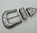 Vintage 3 Piece Western Belt Buckle Set - Roper Flower and Vine Engraved, Cowgirl, Polished Silver, Interchangeable, 90s, Three Piece Set