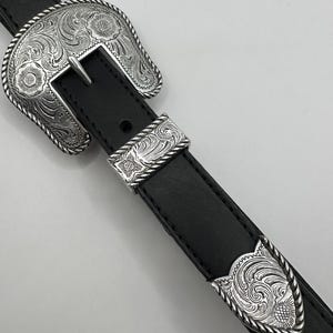 Classic Western 3 Piece Buckle Set 1 inch 25 mm Genuine Black Leather Skinny American Made Belt Floral and Vine Antique Nickel, Rope Border