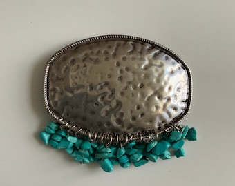 Beautiful Hand Beaten Aesthetic Belt Buckle Polished Silver Plating with Dangling Turquoise Chips