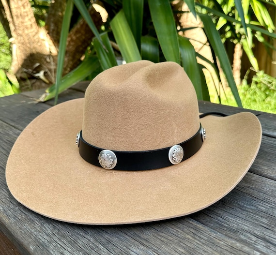 Black Western Felt Hat with Decorative Concho and Brown Leather Band Genuine Leather Western Hat Band | Decorative Leather Hat Band main image 3