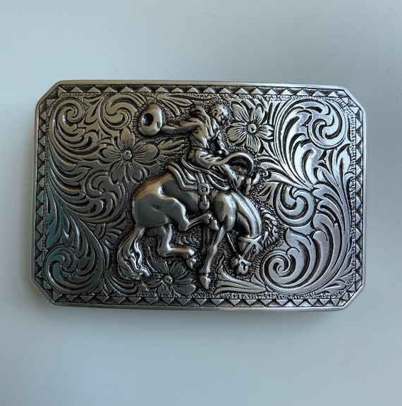 Southwestern Rodeo Cowboy Belt Buckle Vine and Flower Silver  display picture 3