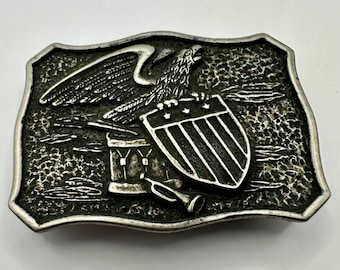 Vintage Belt Buckle American Flag Shield Eagle Patriotic Unique Shape Interchangeable Belt Buckle Antique Nickel