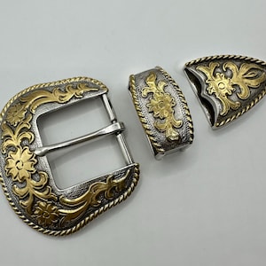 Classic Western 3 Piece Belt Buckle Set, Floral and Vine Design, Cowboy, Interchangeable, Rope Border, Western Buckle, 2 Tone Silver Gold