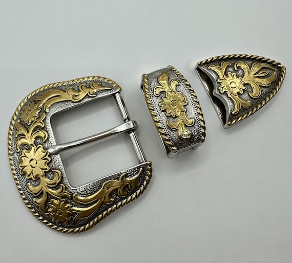 Classic Western 3 Piece Belt Buckle Set, Floral and Vine  display picture 2