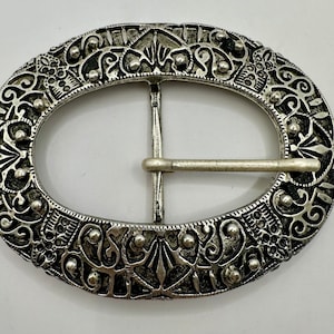 Large Oval Vintage Abstract Pattern Interchangeable Centre Bar Belt Buckle Antique Nickel Deadstock Detailed Unique Unusual